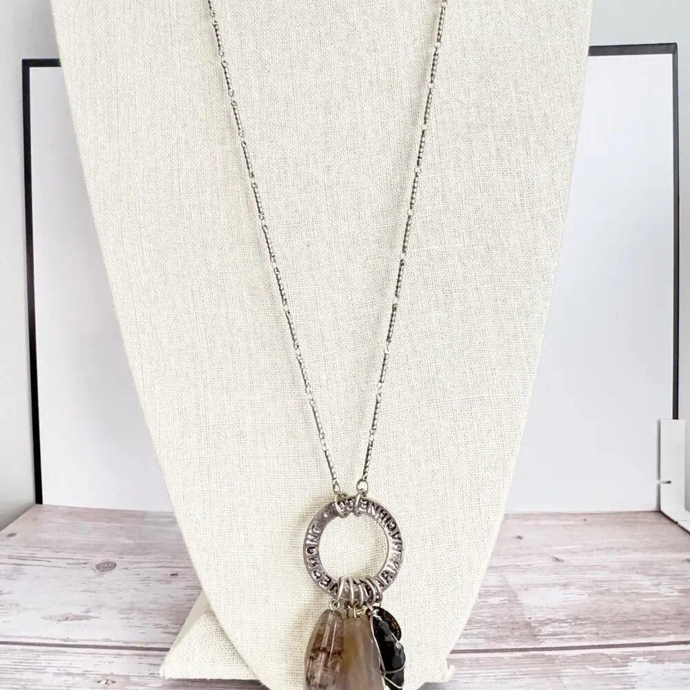 Stone Arrowhead Charm Necklace Bohemian Boho Silver Tone Long Statement